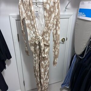 Tan and White Tie-Dye wrap dress
